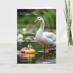 Mom's Birthday White Goose With Gosling Card