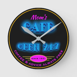 Mom's Cafe Open 24 Hrs Faux Retro Blue Neon - Round Clock