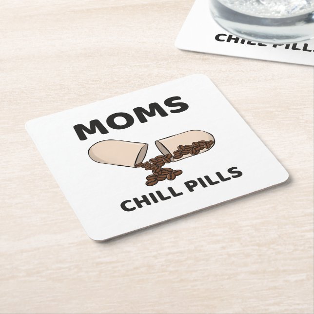 Moms Chill Pills Coffee Bean Capsule Square Paper Coaster (Angled)