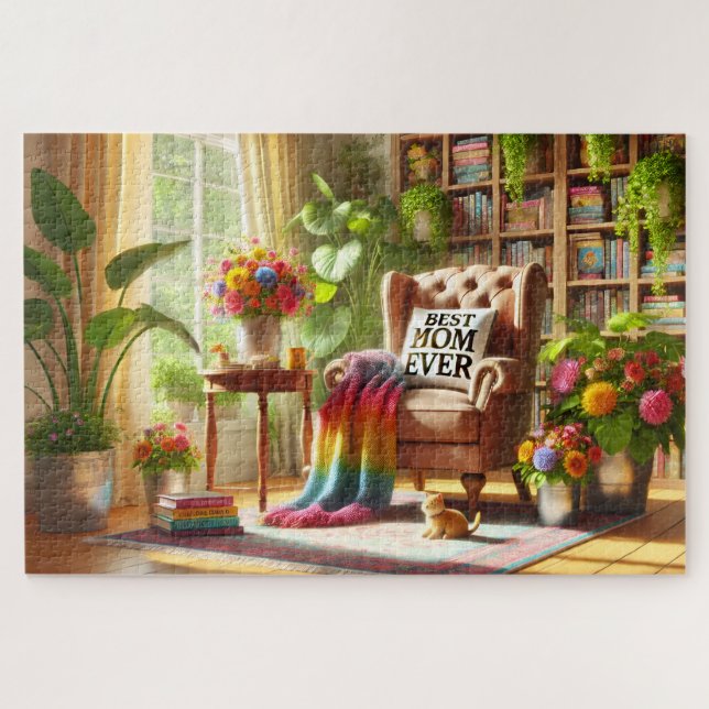 Mom's Cozy Reading Nook with Cat Mother's Day Gift Jigsaw Puzzle (Horizontal)