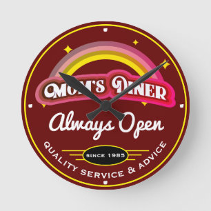 Mom's Diner Always Open Retro Rainbow Dark Red Round Clock