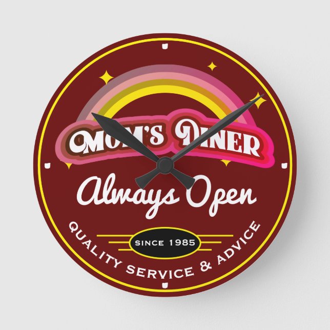 Mom's Diner Always Open Retro Rainbow Dark Red Round Clock (Front)