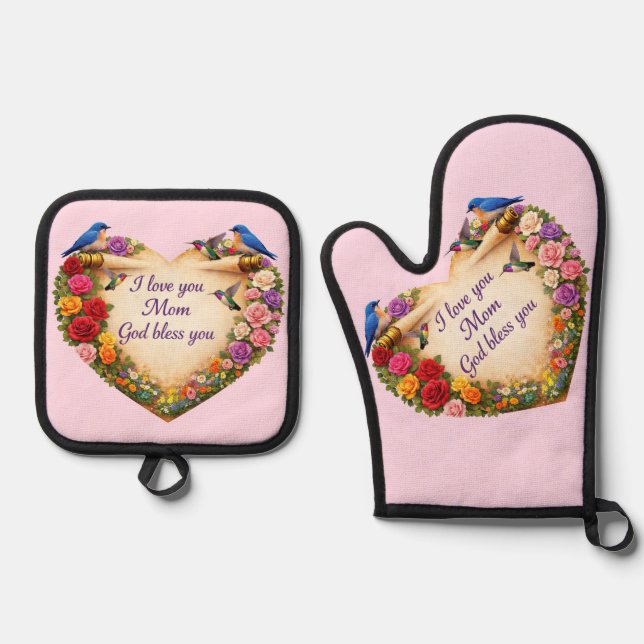 Mom's Pink Floral Heart Oven Mitt /Pot Holders Set (Front)
