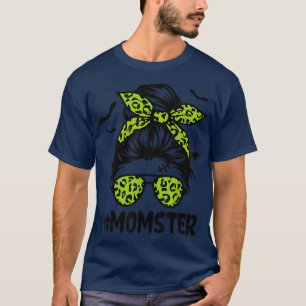 Momster for Women Halloween Mum Messy Bun Leopard T-Shirt
