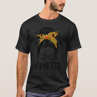 Momster Halloween Costume Skull Mom Messy Hair Bun T-Shirt