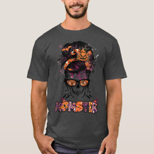 Momster Halloween Costume Skull Mum Messy Hair Bun T-Shirt
