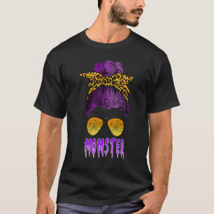 Momster Halloween Leopard Skull Mum Messy Hair Bun T-Shirt