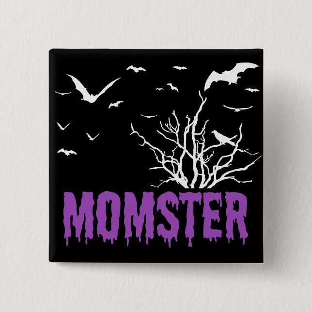 Momster Purple Dripping Font Flying Bats Button (Front)
