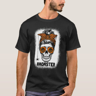 Momster Salty Skull Mum Messy Bun Leopard Hallowee T-Shirt