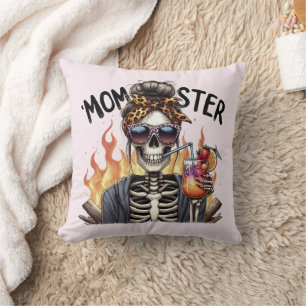 Momster: Skeleton Mum on Fire Drinking Sangria Cushion