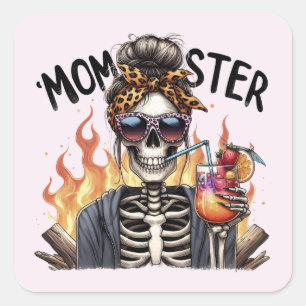Momster: Skeleton Mum on Fire Drinking Sangria Square Sticker