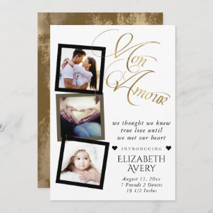 Mon Amour   Gold Grunge Foil Baby Birth 3 Photo Announcement