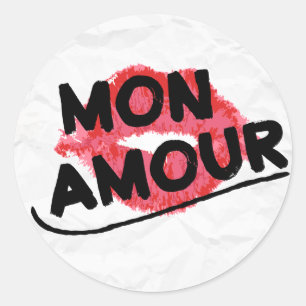 Mon Amour My Love Red Lipstick Kiss Distressed Classic Round Sticker