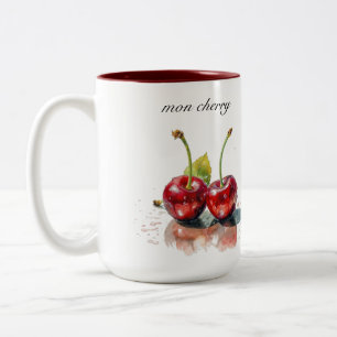 Mon Cherry, two cherries watercolor customisable Two-Tone Coffee Mug