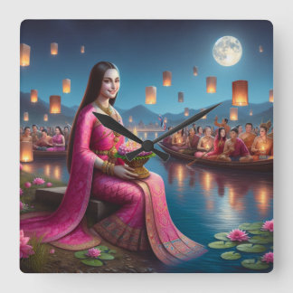 Mona in Roy Krathong Festival Thailand Square Wall Clock
