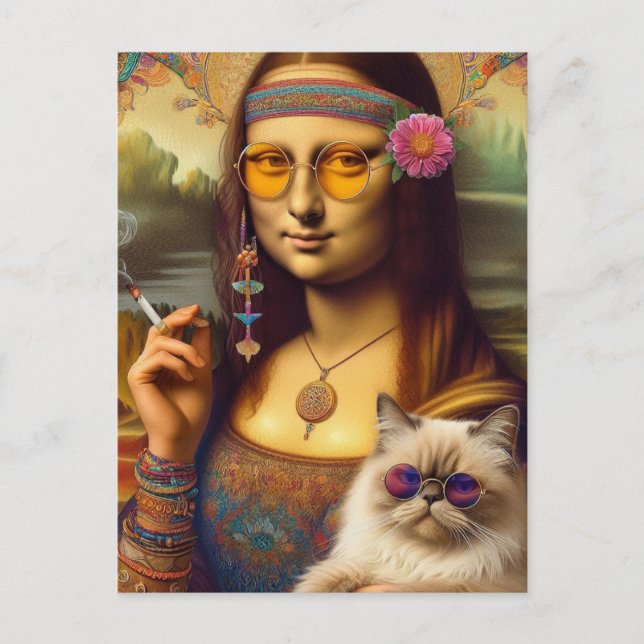 Mona Lisa and Her Himalayan Cat Smoking Postcard (Front)