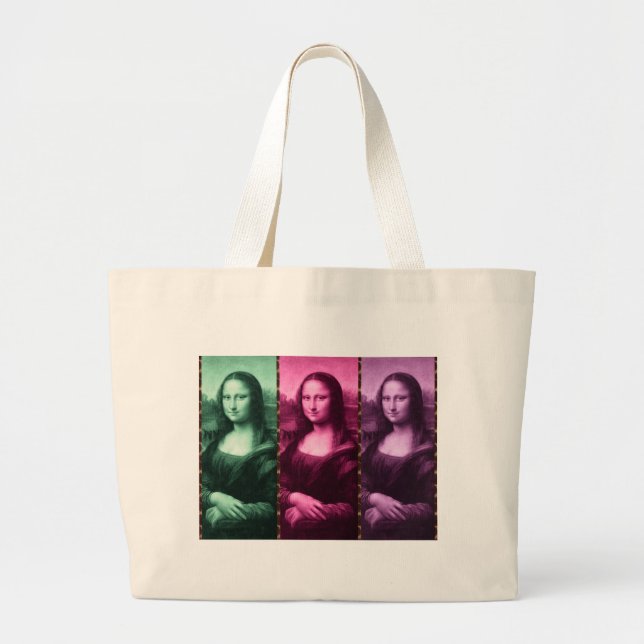 Mona Lisa Animal Print Green Pink Purple Large Tote Bag (Front)