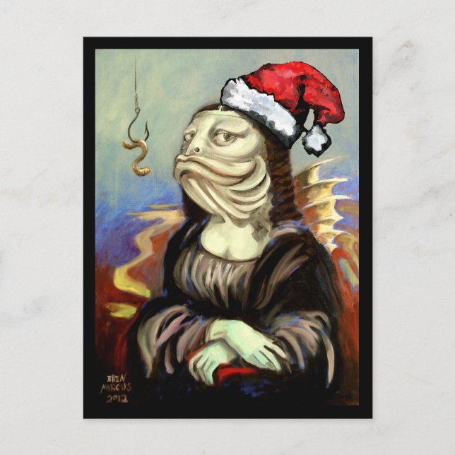 Mona Lisa as a Fish in a Santa Hat Holiday Postcard (Front)