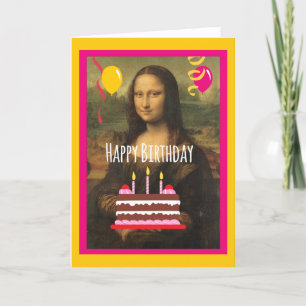 Mona Lisa Birthday With Cake and Balloons Card