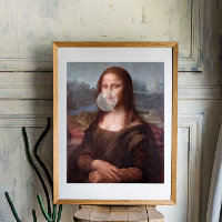 Mona Lisa blowing a grey bubble gum