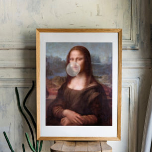 Mona Lisa blowing a grey bubble gum Poster