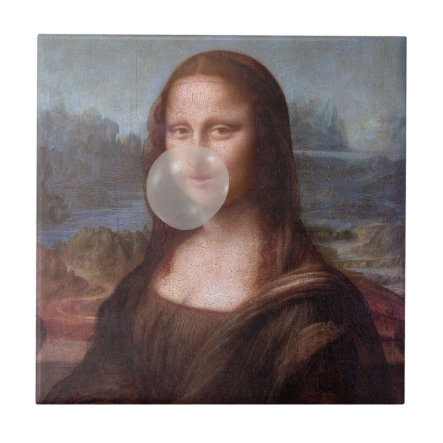 Mona Lisa blowing grey bubble gum Ceramic Tile (Front)