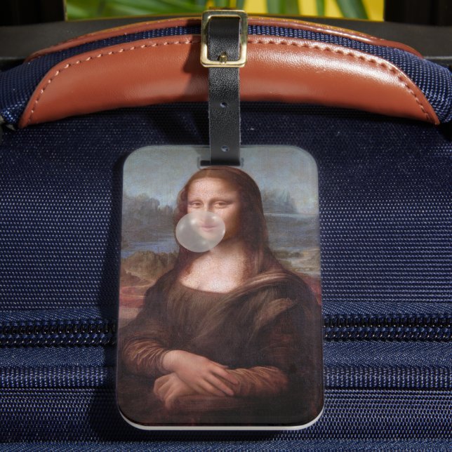 Mona Lisa blowing grey bubble gum Luggage Tag (Front Insitu 2)