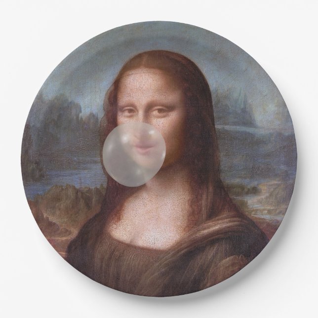Mona Lisa blowing grey bubble gum Paper Plate (Front)