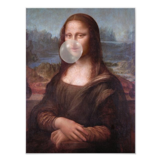 Mona Lisa blowing grey bubble gum Photo Print (Front)