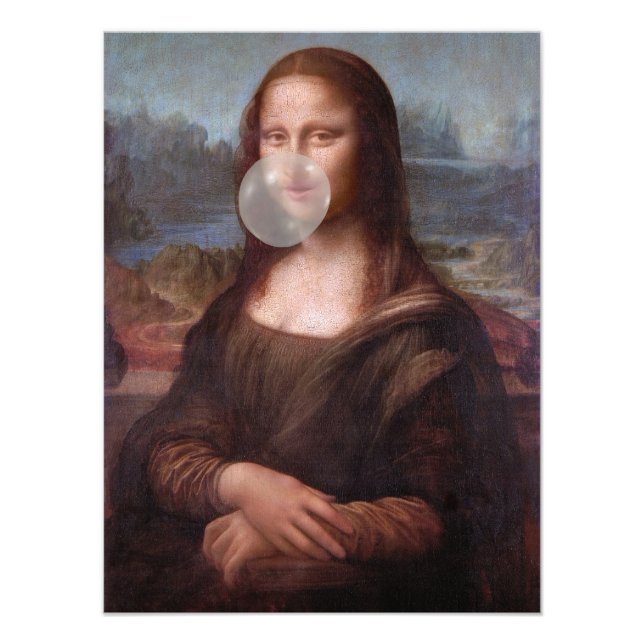 Mona Lisa blowing grey bubble gum Photo Print (Front)
