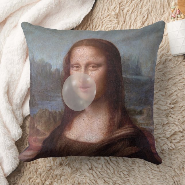 Mona Lisa blowing large bubble gum  Cushion (Blanket)