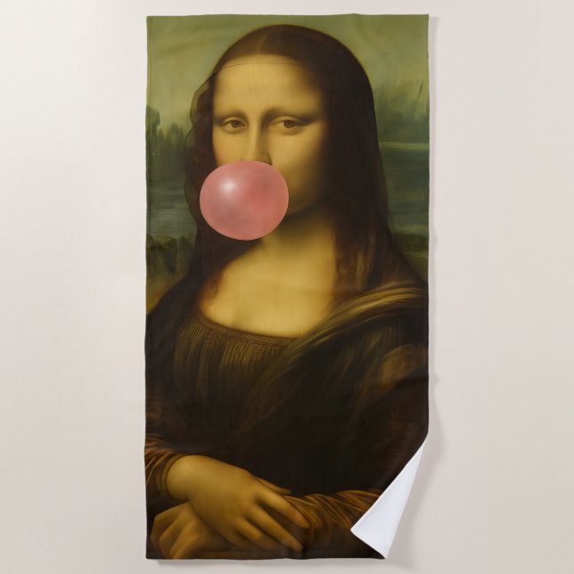 Mona Lisa Blowing Pink Bubble Gum Beach Towel (Front)
