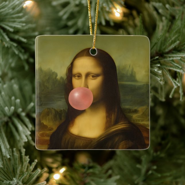 Mona Lisa Blowing Pink Bubble Gum Ceramic Ornament (Tree)