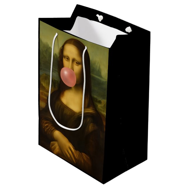 Mona Lisa Blowing Pink Bubble Gum Medium Gift Bag (Front Angled)