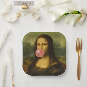 Mona Lisa Blowing Pink Bubble Gum Paper Plate