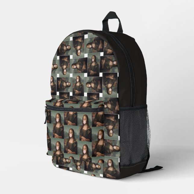 Mona Lisa blowing pink bubble gum Printed Backpack (Back Corner Right)