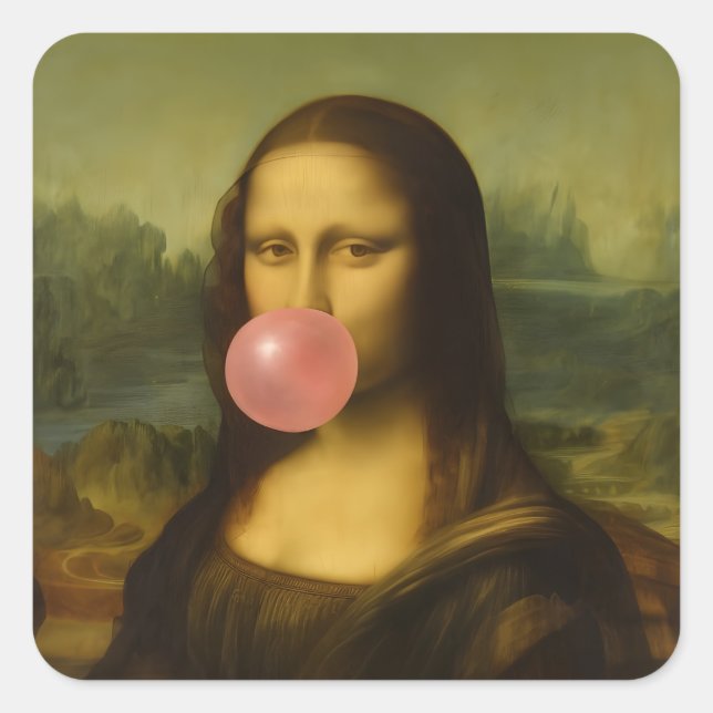 Mona Lisa Blowing Pink Bubble Gum Square Sticker (Front)
