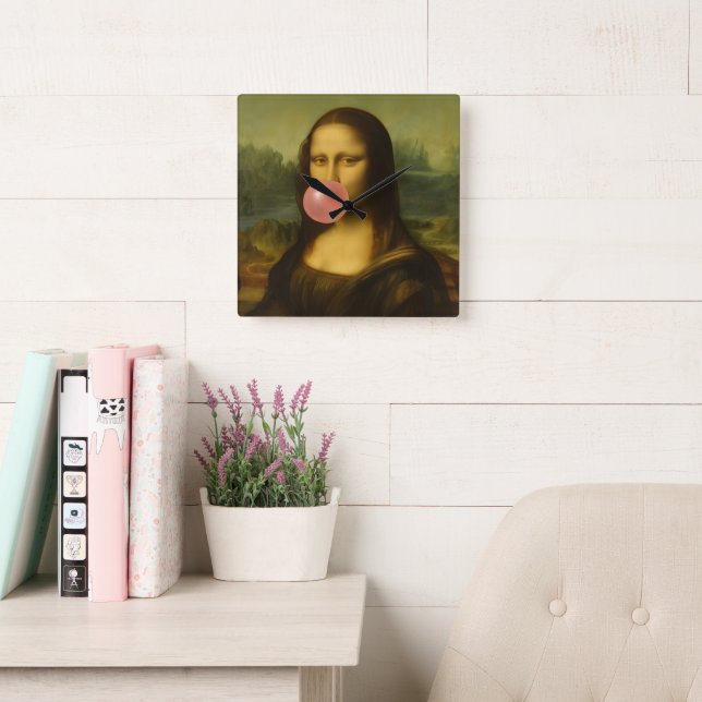 Mona Lisa Blowing Pink Bubble Gum Square Wall Clock (Reading Room)