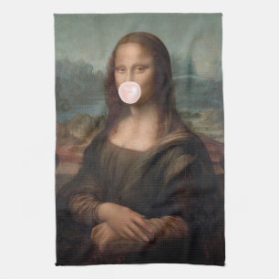 Mona Lisa Blowing Pink Bubble gum   Tea Towel