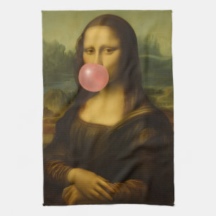 Mona Lisa Blowing Pink Bubble Gum Tea Towel