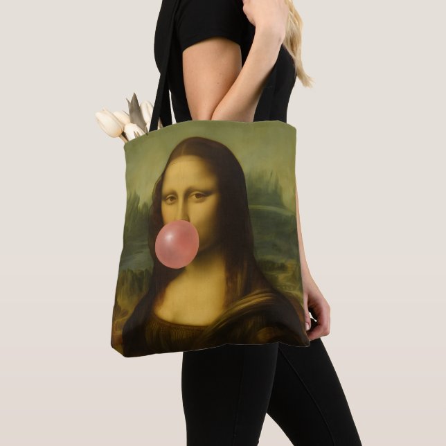 Mona Lisa Blowing Pink Bubble Gum Tote Bag (Close Up)