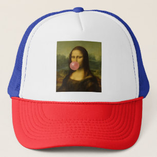 Mona Lisa Blowing Pink Bubble Gum Trucker Hat