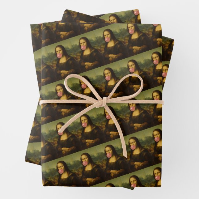 Mona Lisa Blowing Pink Bubble Gum Wrapping Paper Sheet (In situ)