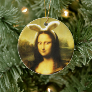 Mona Lisa Bunny Ears Easter Ceramic Ornament