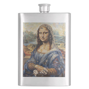 Mona Lisa collage art made with cat faces Hip Flask