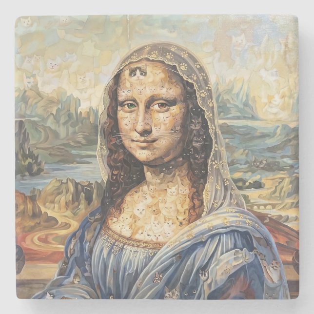 Mona Lisa collage art made with cat faces Stone Coaster (Front)