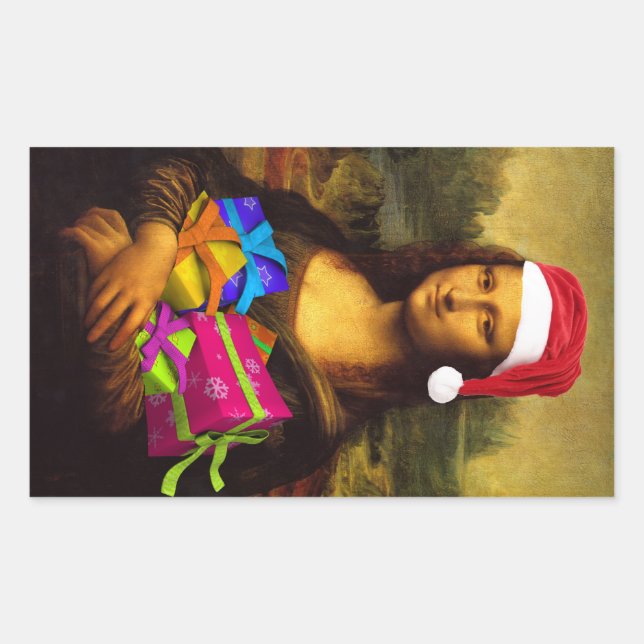 Mona Lisa Comes As Santa Claus Rectangular Sticker (Front)