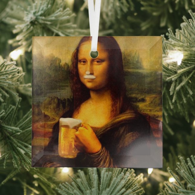 Mona Lisa drinking beer, Beer lover  Glass Tree Decoration (Insitu)
