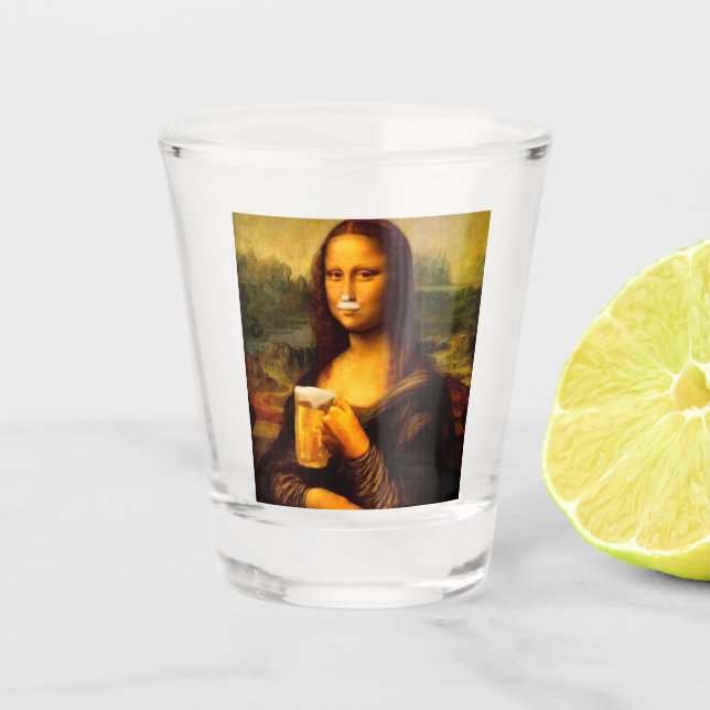 Mona Lisa drinking beer Beer lovers  Shot Glass (Front)