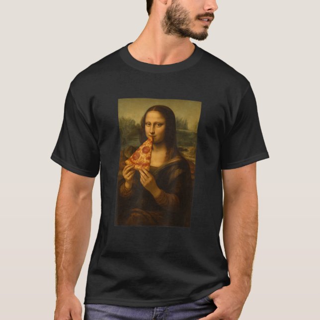 Mona Lisa Eating Pizza Funny Classic Art Pizza Foo T-Shirt (Front)